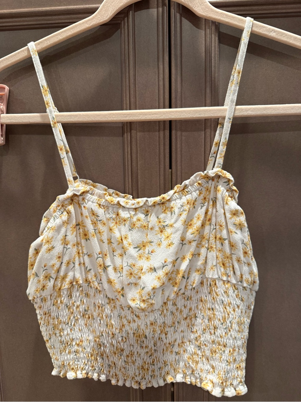 American Eagle Outfitters XS Yellow Spaghetti Strap Smocked Floral Crop Top